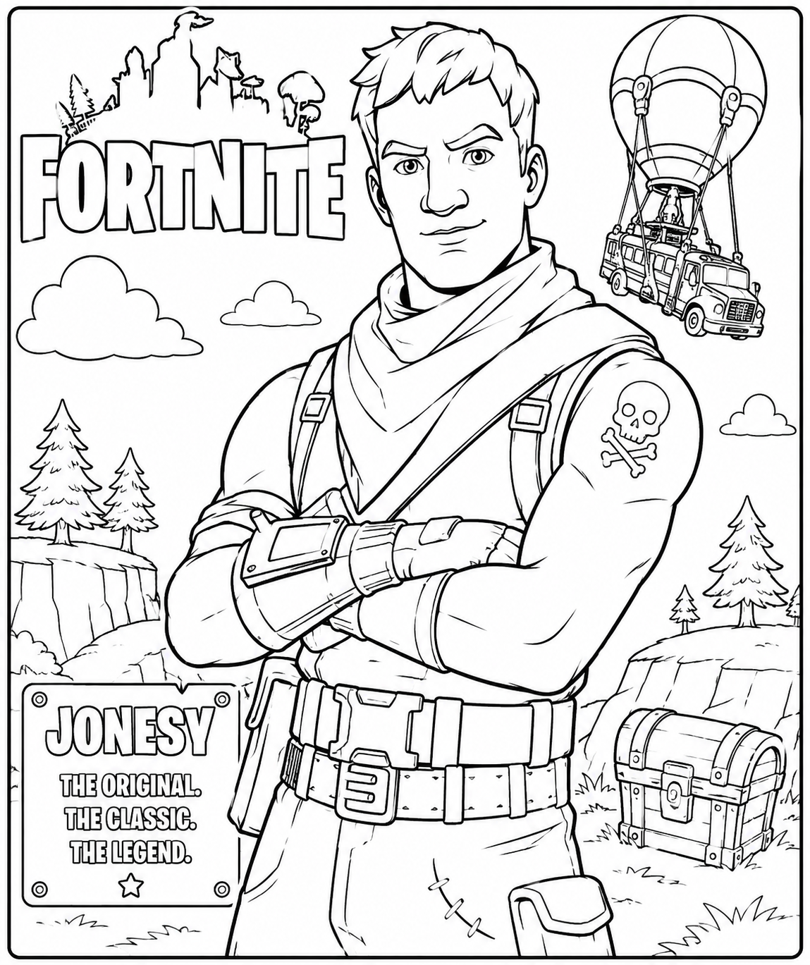 דף צביעה ג'ונסי (Jonesy): הדמות המקורית, הקלאסית והכי מזוהה עם פורטנייט מאז היום הראשון של המשחק. דפי הצביעה של ג'ונסי
