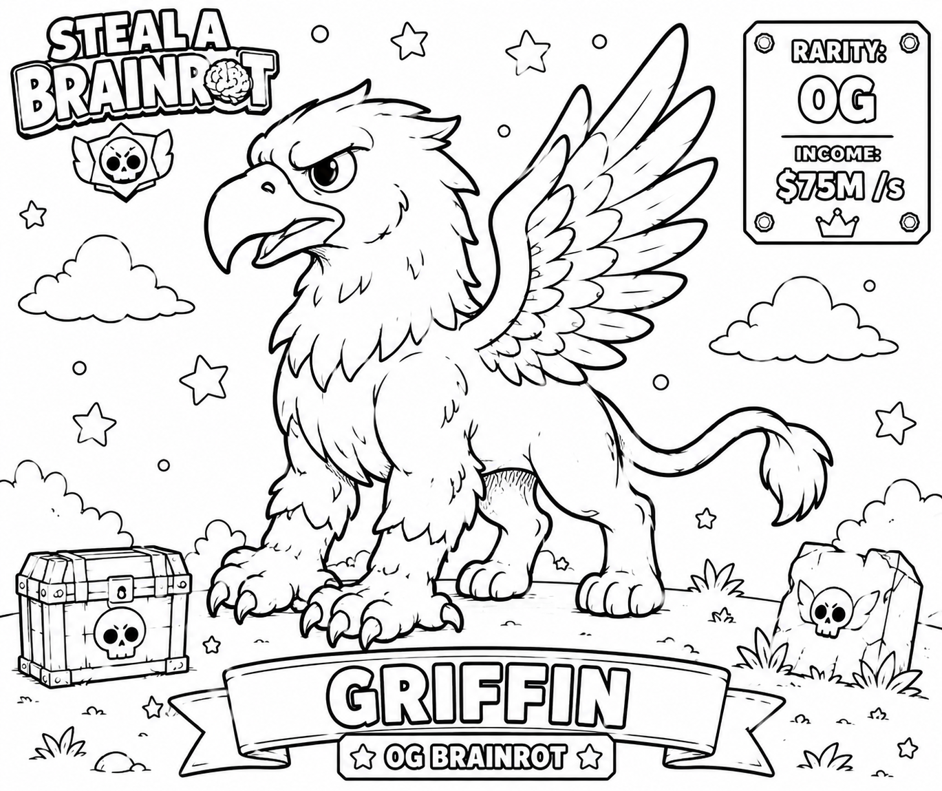 דף צביעה גריפון (Griffin 🦅): מלך ה-OG המעופף. שילוב מטורף של אריה ונשר בגרסת מם קורעת. בגלל שמדובר בדמות מהגרסאות הראשונות של המשחק שלא ניתן להשיג יותר