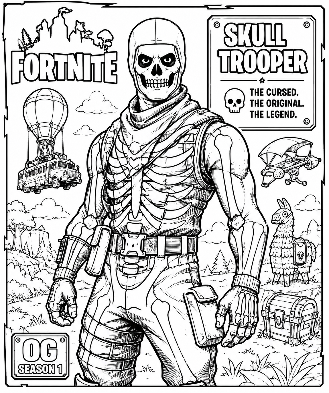 דף צביעה הילד המקולל (Skull Trooper): אחד הסקינים הכי מפורסמים, ותיקים ונחשקים בהיסטוריה של המשחק. דמות השלד האייקונית הזו מגיעה עם המון פרטים קטנים וקווים חדים, מה שהופך את פעילות הצביעה למאתגרת, מפתחת ריכוז ומעסיקה את הילדים לזמן רב.