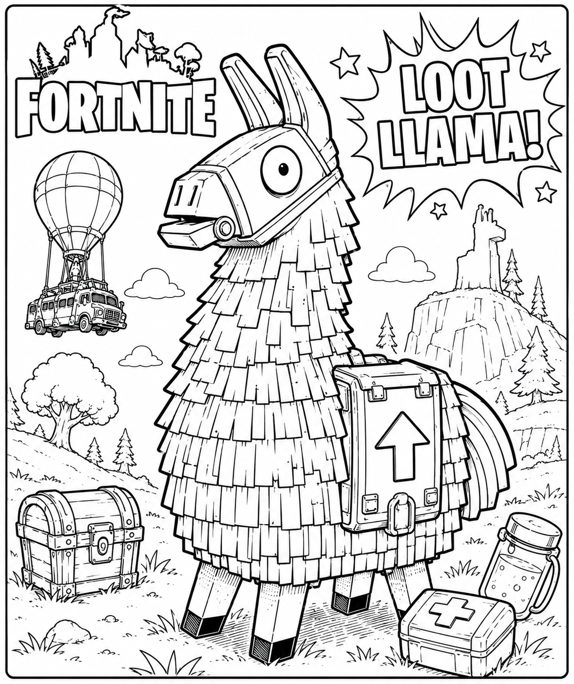 דף צביעה לאמה (Fortnite Llama): הלאמה הסגולה והמפורסמת של פורטנייט שמלאה בציוד (Loot Llama). זהו דף צביעה שמח, צבעוני ומהנה במיוחד