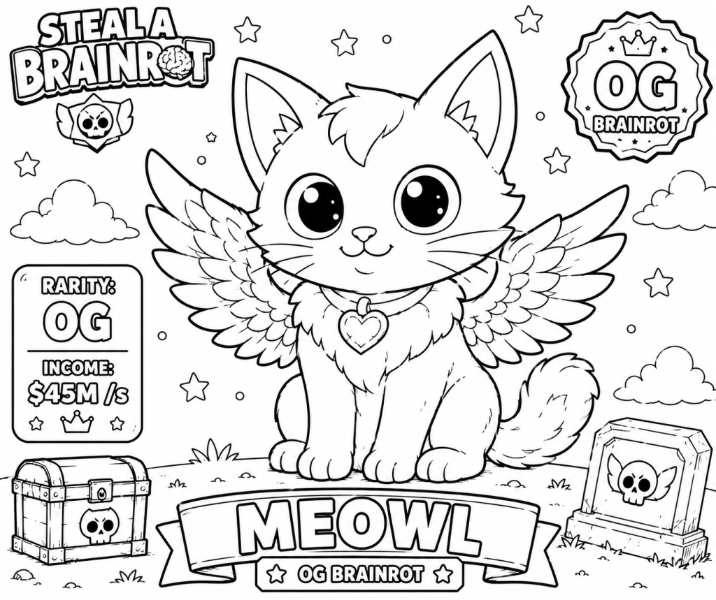 דף צביעה מיוול (Meowl 🐱): שילוב מושלם בין חתול לינשוף. דמות OG נחשקת שכולם מנסים להשיג דרך מערכת הטריידים במשחק.