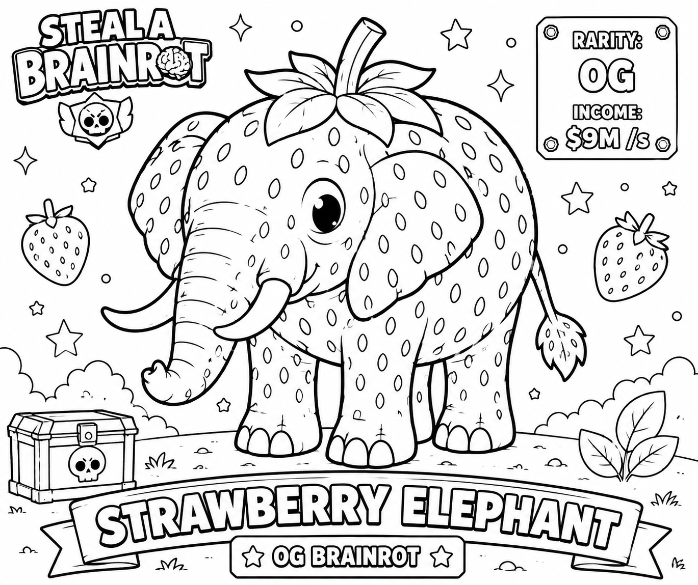 דף צביעה פיל תות (Strawberry Elephant 🍓): הקמע הרשמי והדמות הכי מפורסמת במשחק! פיל התות האיטלקי הוא דמות OG סופר נדירה שיש ממנה רק כ-2,000 עותקים בכל העולם.