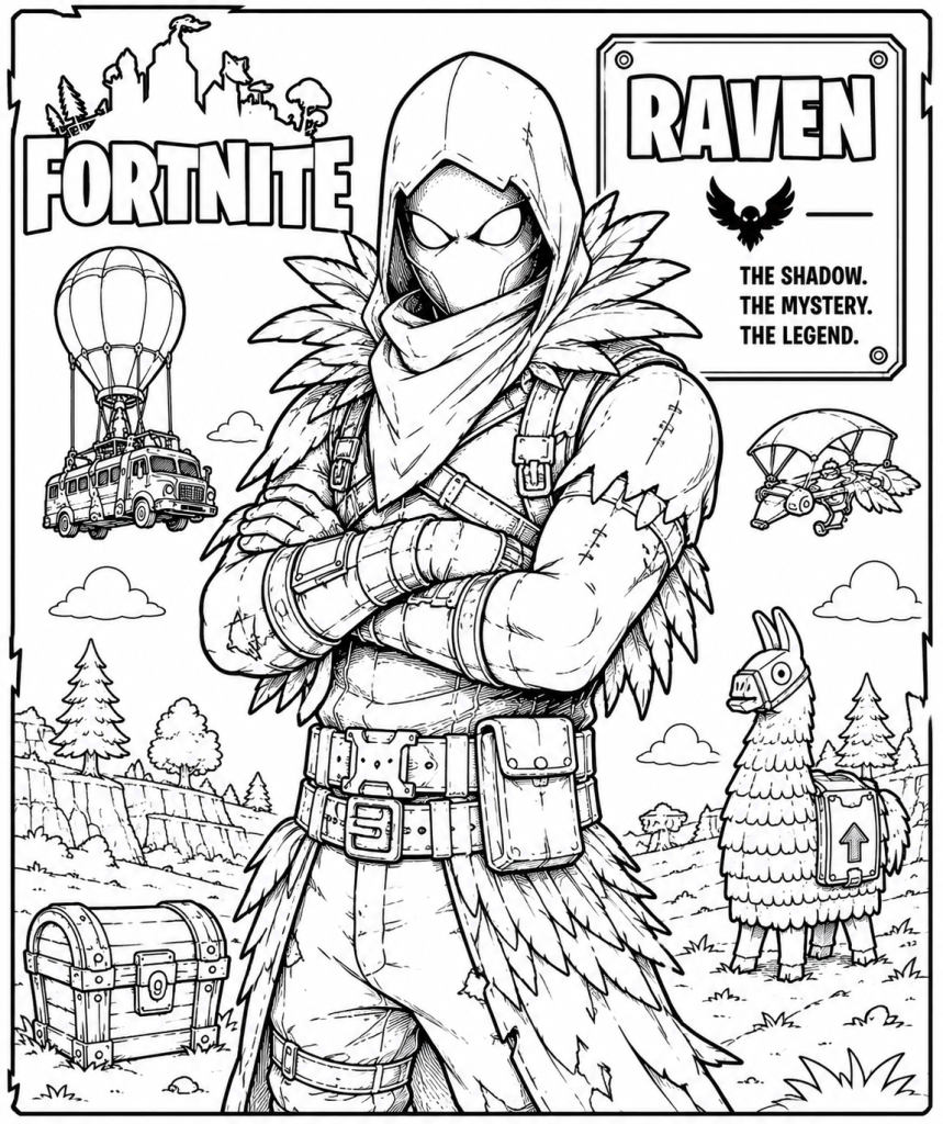 דף צביעה רייבן (Raven): הלוחם האפל והמסתורי עם העיניים הזוהרות והנוצות הסגולות. זהו סקין פופולרי בטירוף בקרב שחקנים מתקדמים.